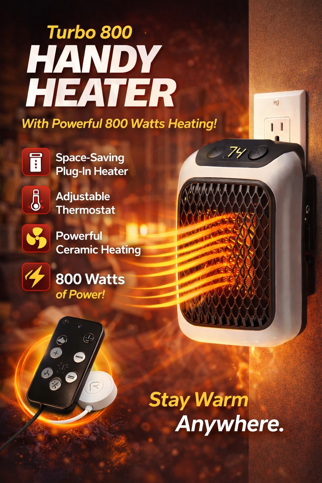 Turbo 800 Handy Heater – 800W Compact Plug-In Room Heater with Adjustable Thermostat