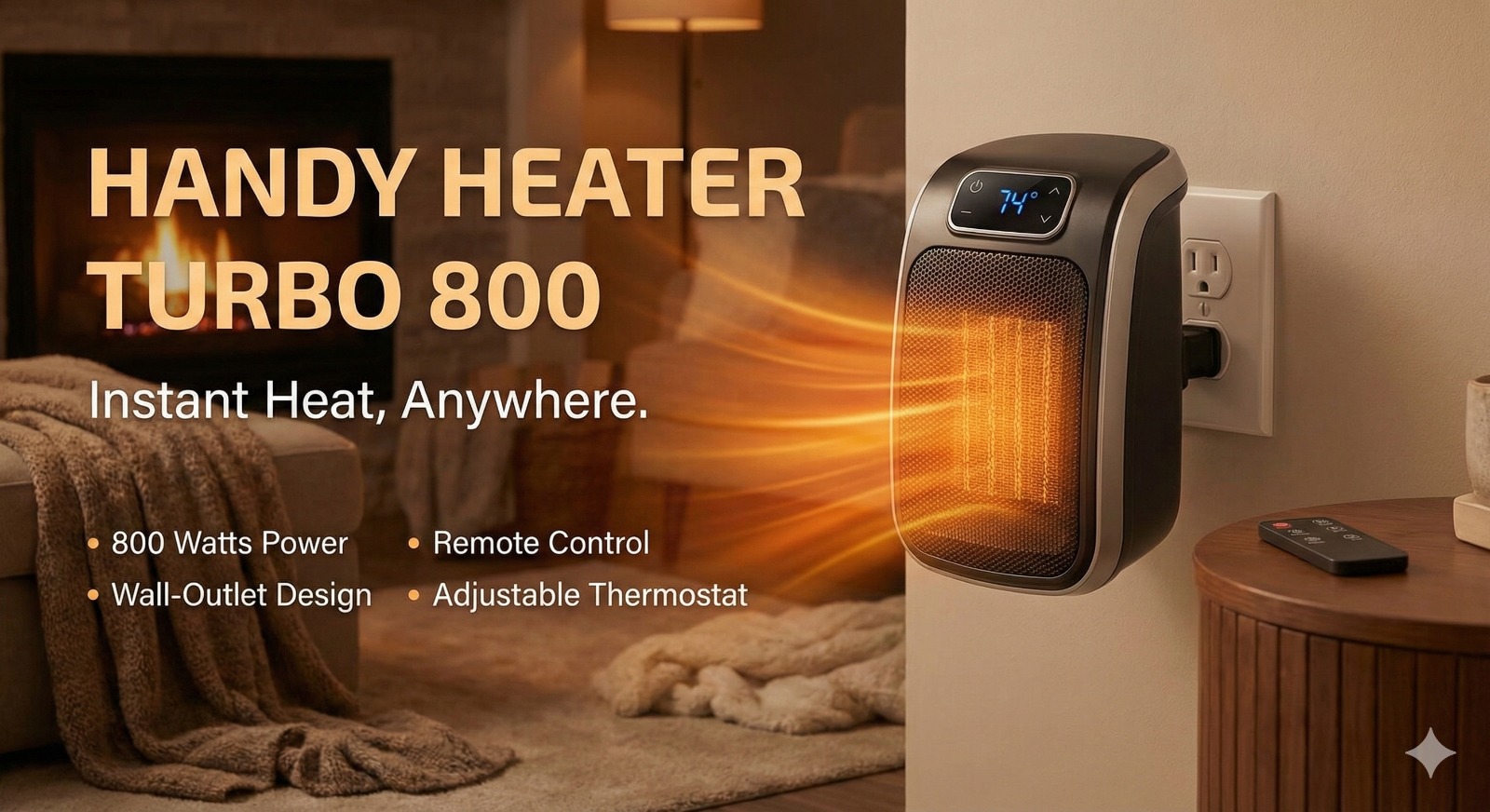 Turbo 800 Handy Heater – 800W Compact Plug-In Room Heater with Adjustable Thermostat
