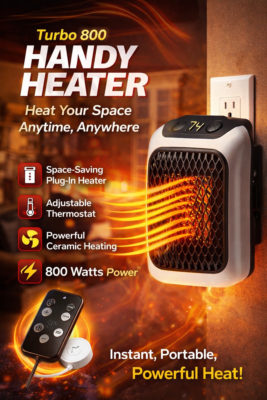 Turbo 800 Handy Heater – 800W Compact Plug-In Room Heater with Adjustable Thermostat