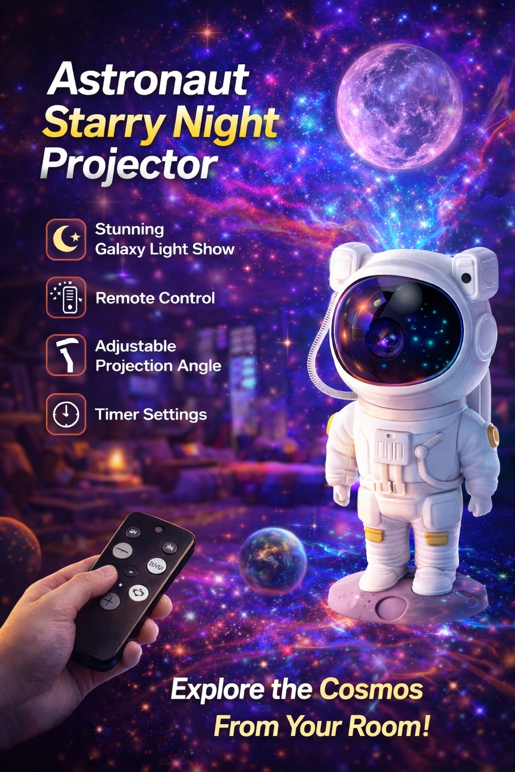 Astronaut Starry Night Projector – Galaxy Light Projector with Remote & Timer