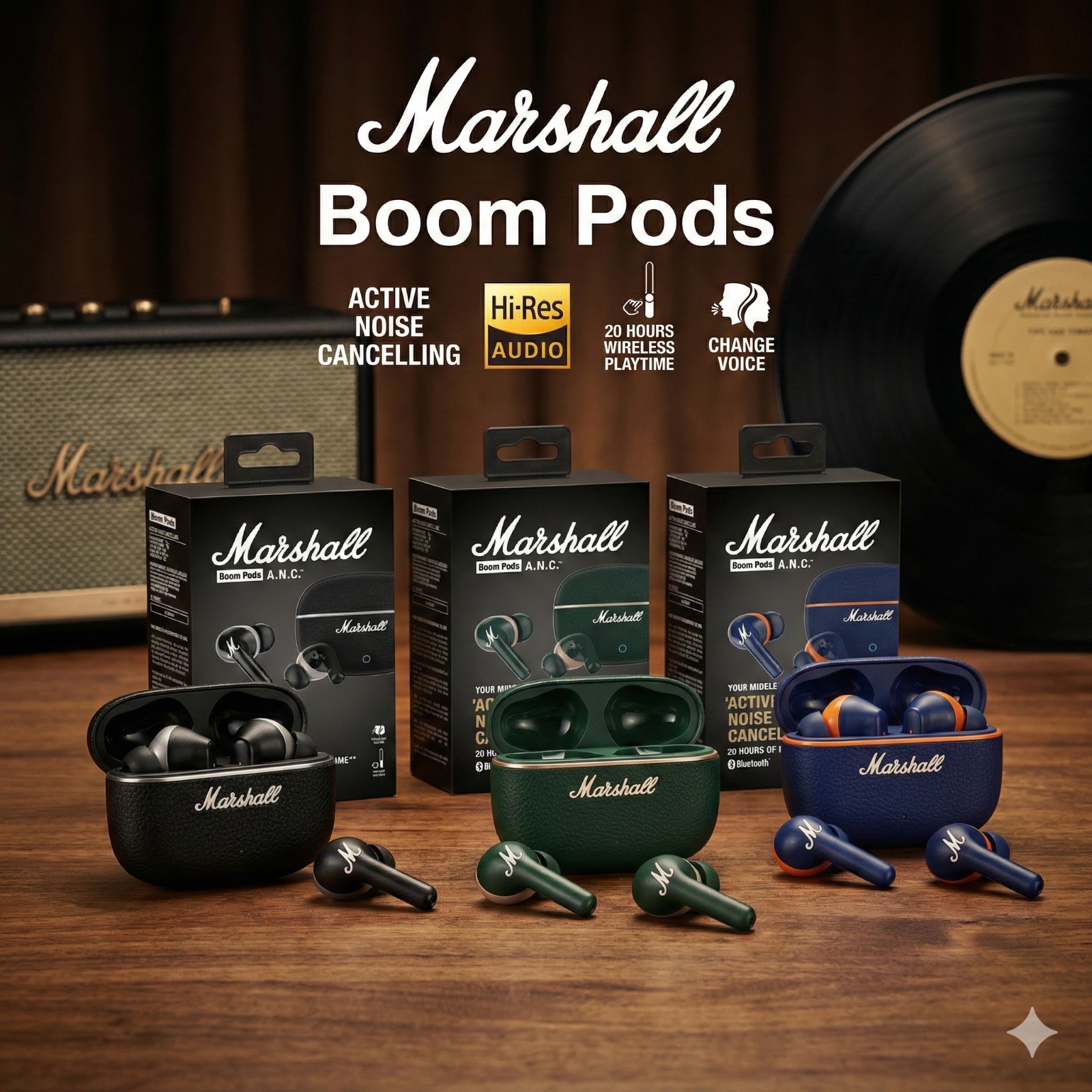 Marshall Boom Pods ANC – True Wireless Earbuds with Active Noise Cancellation & Hi-Res Audio