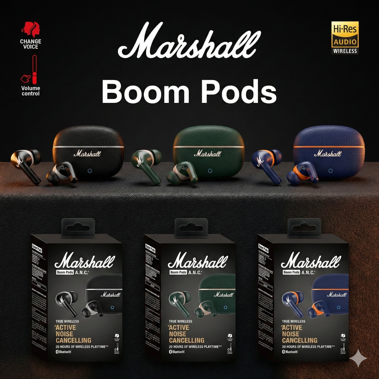 Marshall Boom Pods ANC – True Wireless Earbuds with Active Noise Cancellation & Hi-Res Audio