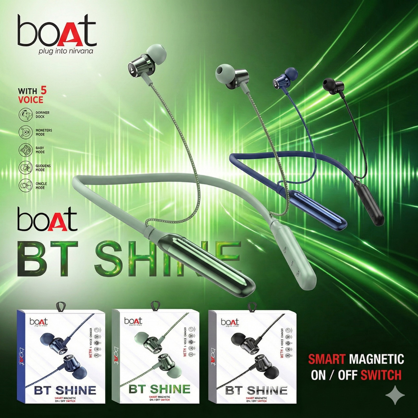 boAt BT Shine – Wireless Neckband with Smart Magnetic On/Off & Voice Changer