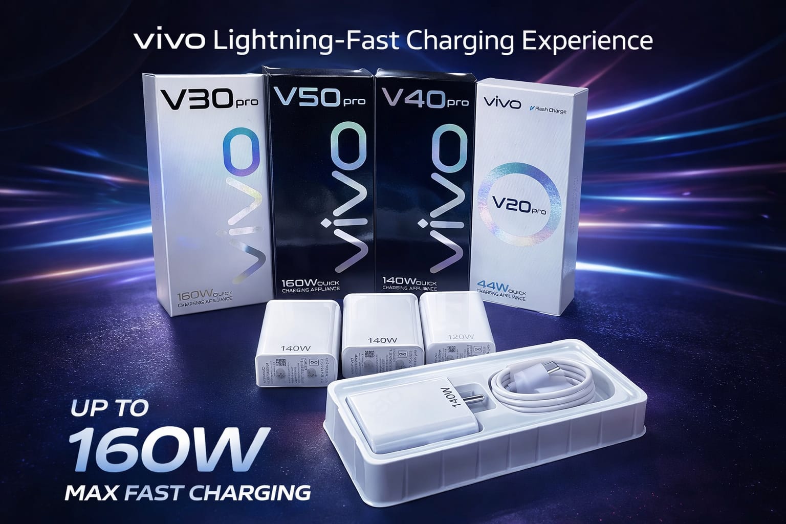 Vivo Fast Charging Mobile Charger 160W | Original Compatible Adapter with USB Cable