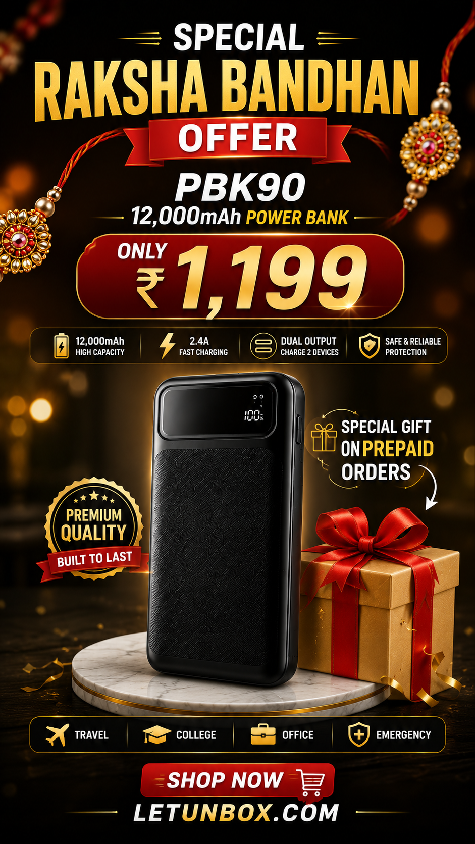 PBK90 12000mAh Power Bank with LED Digital Display | Fast Charging | Dual Output | Portable Power Bank
