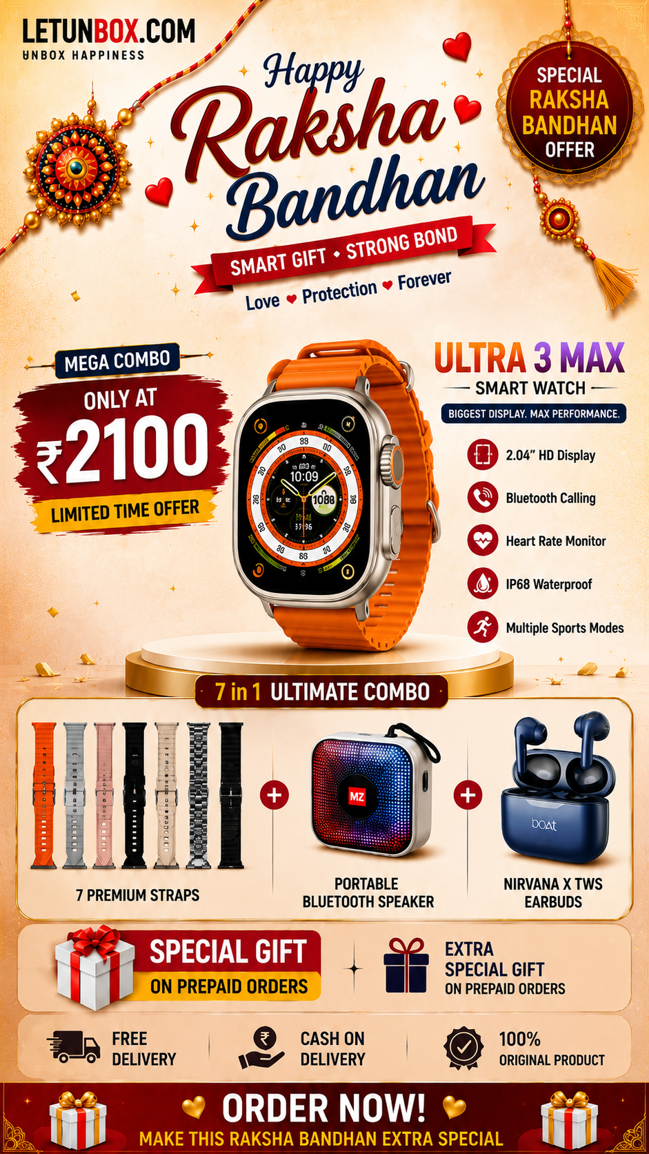 Ultra 3 Max Smart Watch Mega Combo – 7 Straps + Bluetooth Speaker + Nirvana X TWS