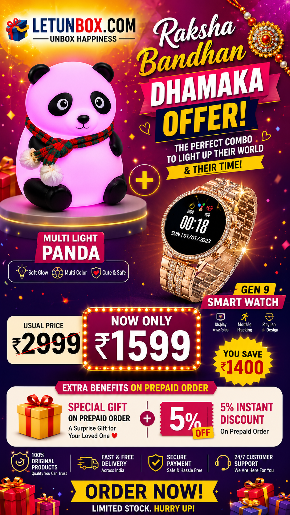 Gen 9 Smart Watch + Multi-Light Panda Combo – Raksha Bandhan Special