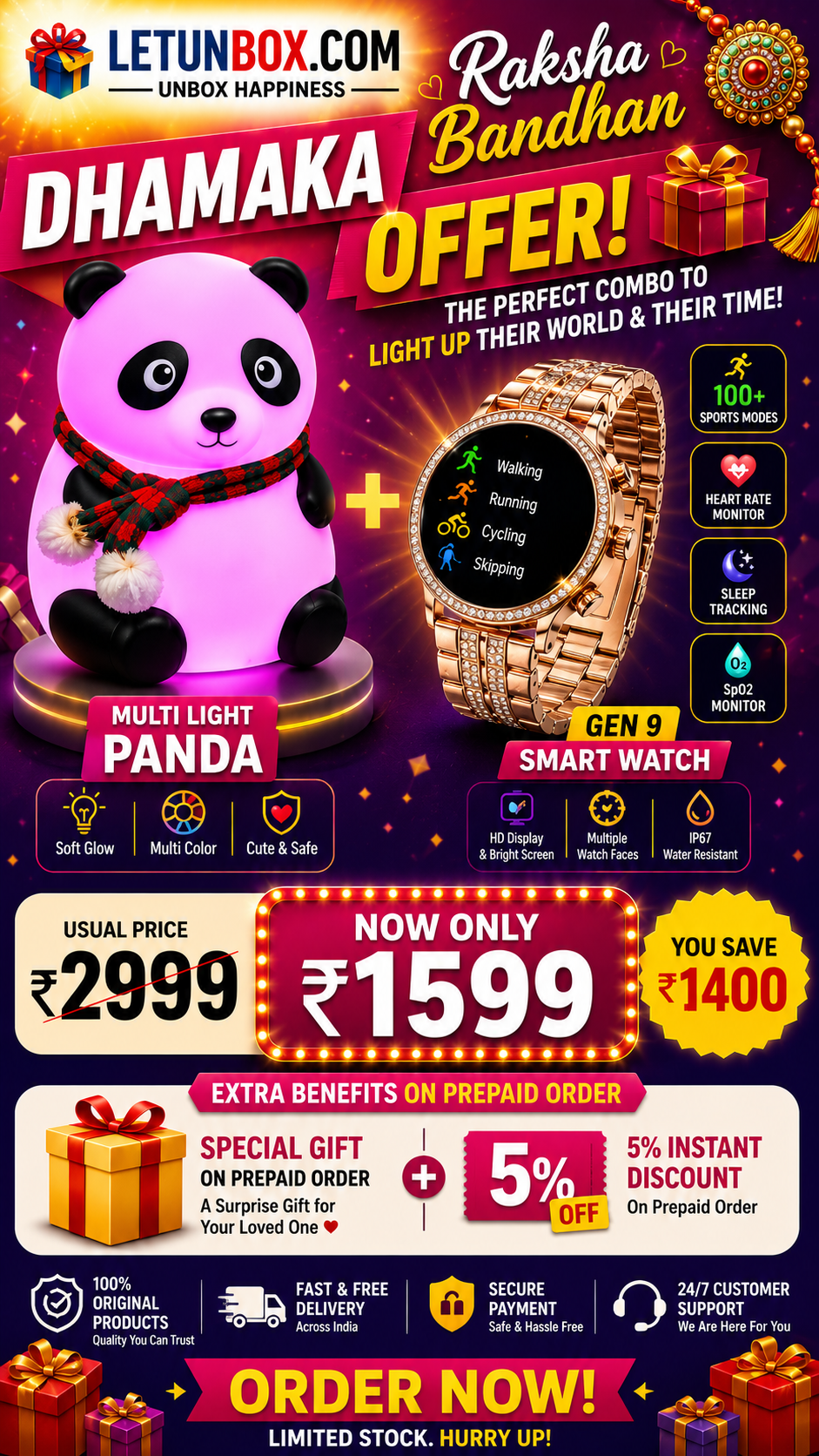 Gen 9 Smart Watch + Multi-Light Panda Combo – Raksha Bandhan Special