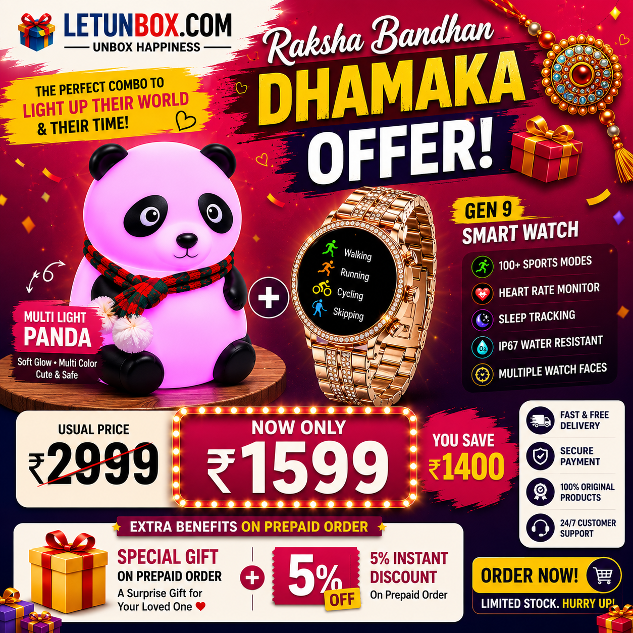 Gen 9 Smart Watch + Multi-Light Panda Combo – Raksha Bandhan Special