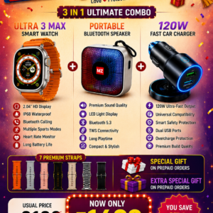 Ultra 3 Max Smartwatch + 7 Straps + Bluetooth Speaker + 120W Car Charger | Raksha Bandhan Mega Combo