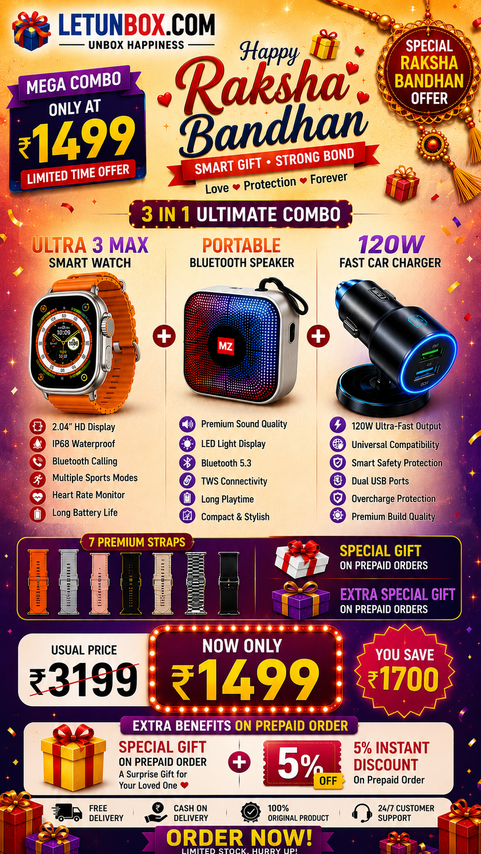 Ultra 3 Max Smartwatch + 7 Straps + Bluetooth Speaker + 120W Car Charger | Raksha Bandhan Mega Combo