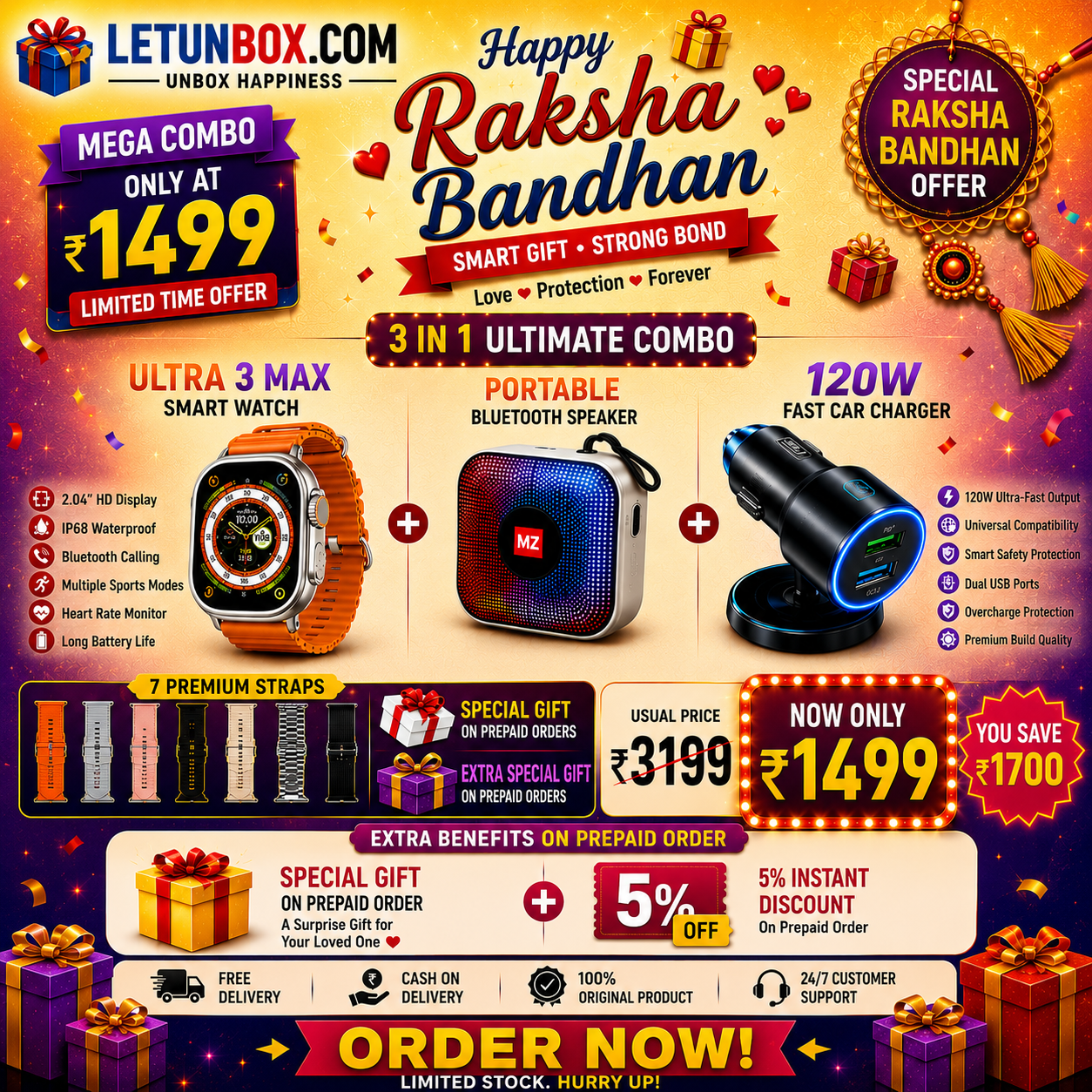 Ultra 3 Max Smartwatch + 7 Straps + Bluetooth Speaker + 120W Car Charger | Raksha Bandhan Mega Combo