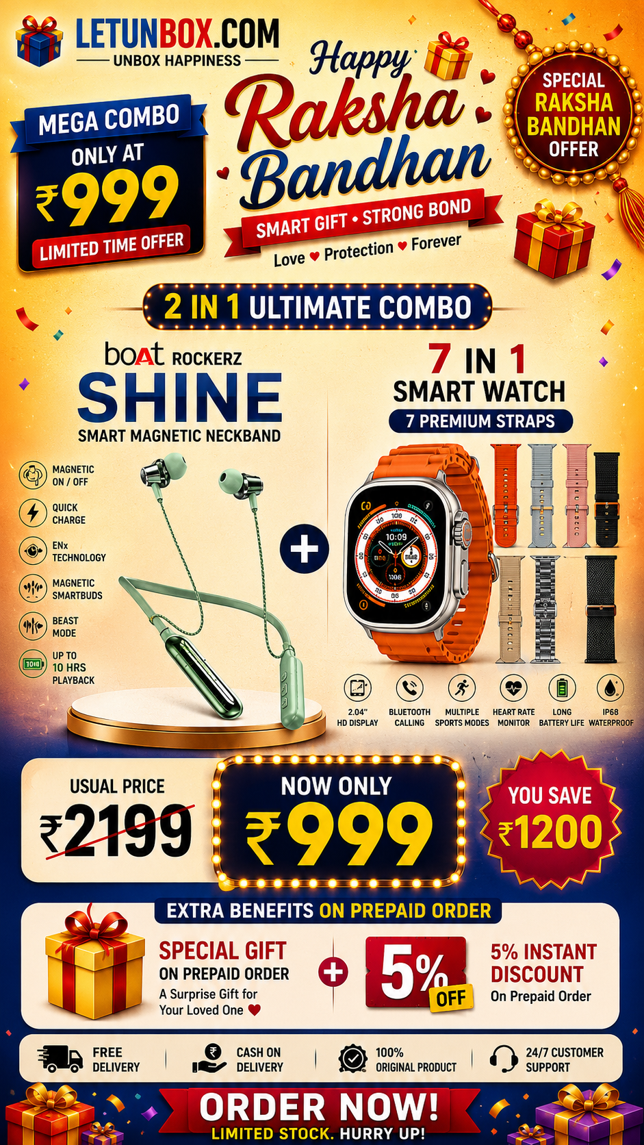 BT Shine Neckband + 7-in-1 Smartwatch Combo | Special Raksha Bandhan Offer