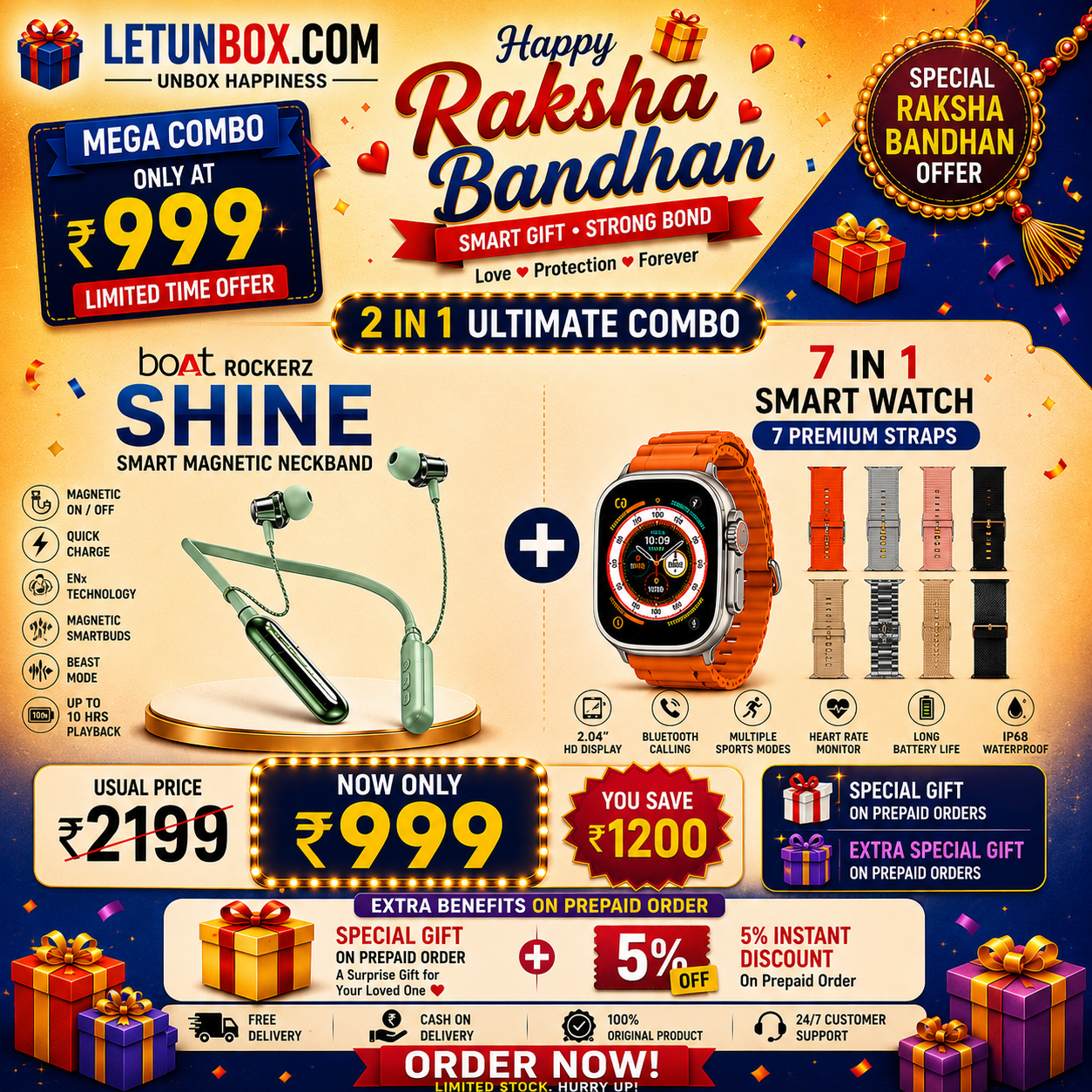 BT Shine Neckband + 7-in-1 Smartwatch Combo | Special Raksha Bandhan Offer