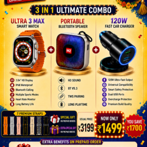 Janmashtami 3-in-1 Ultimate Combo – Ultra 3 Max Smart Watch + Bluetooth Speaker + 120W Car Charger