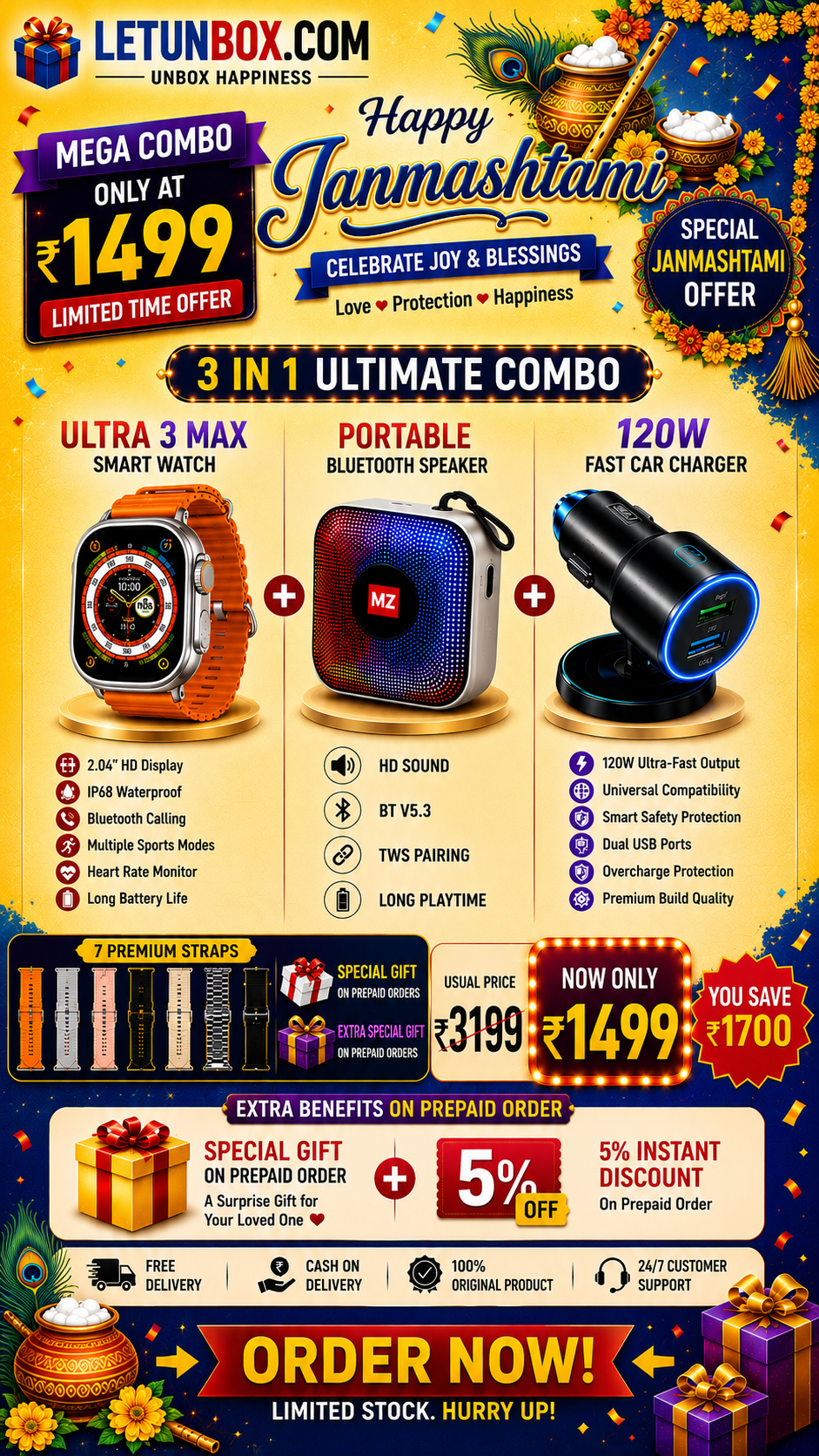 Janmashtami 3-in-1 Ultimate Combo – Ultra 3 Max Smart Watch + Bluetooth Speaker + 120W Car Charger