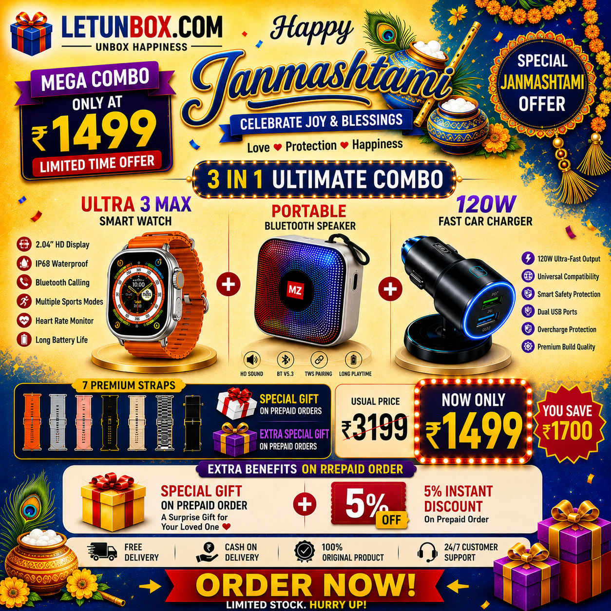 Janmashtami 3-in-1 Ultimate Combo – Ultra 3 Max Smart Watch + Bluetooth Speaker + 120W Car Charger
