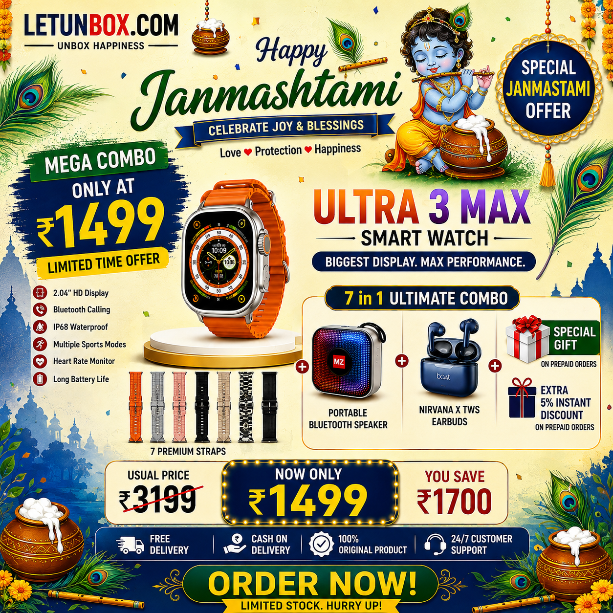 Janmashtami Mega Combo – Ultra 3 Max Smart Watch + Bluetooth Speaker + Nirvana X TWS Earbuds
