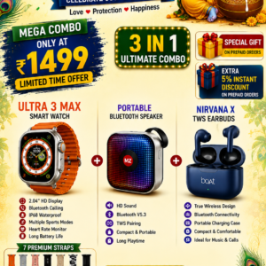 Janmashtami Mega Combo – Ultra 3 Max Smart Watch + Bluetooth Speaker + Nirvana X TWS Earbuds