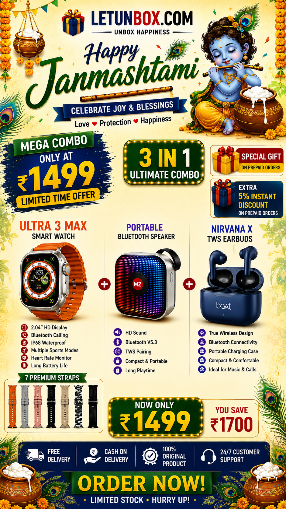 Janmashtami Mega Combo – Ultra 3 Max Smart Watch + Bluetooth Speaker + Nirvana X TWS Earbuds