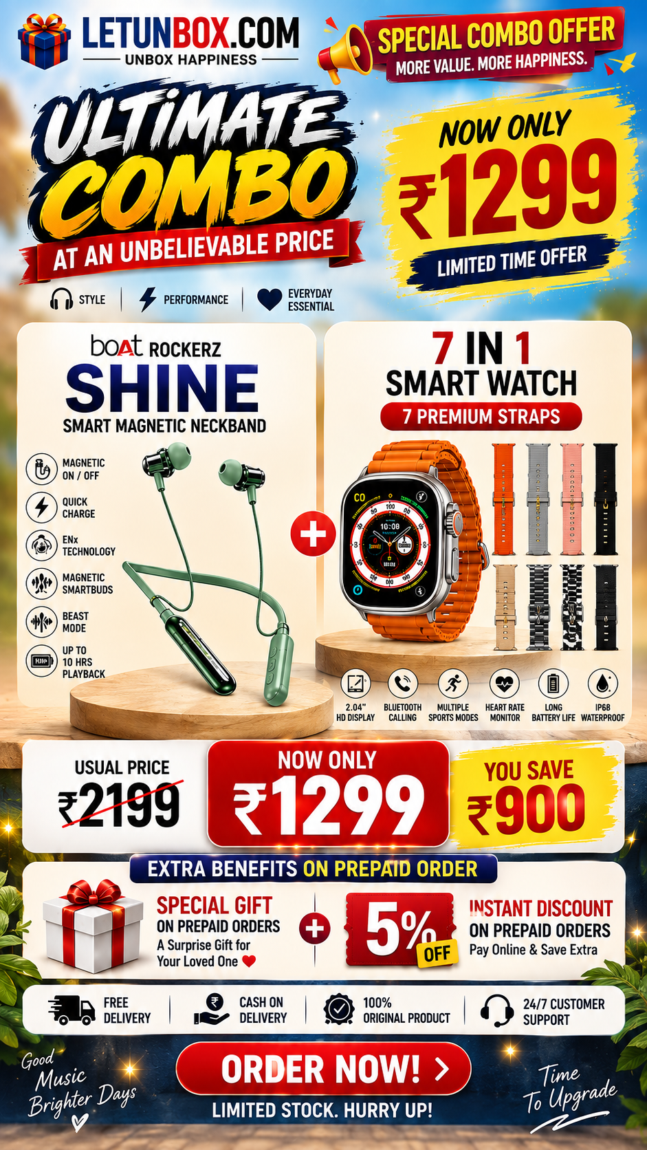 Ultimate Duo Combo – Ultra 3 Max Smart Watch with 7 Straps + boAt Rockerz Shine Neckband