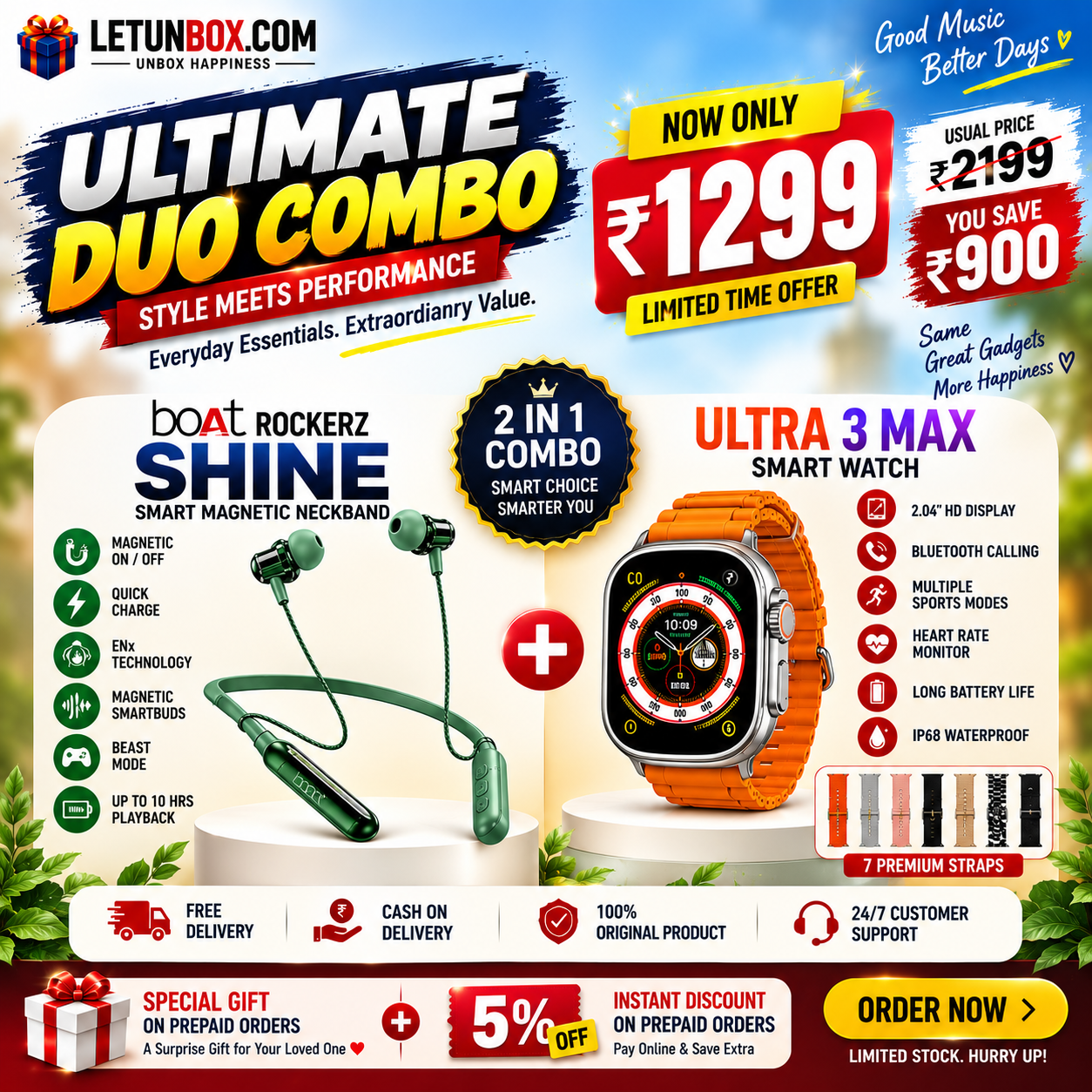 Ultimate Duo Combo – Ultra 3 Max Smart Watch with 7 Straps + boAt Rockerz Shine Neckband