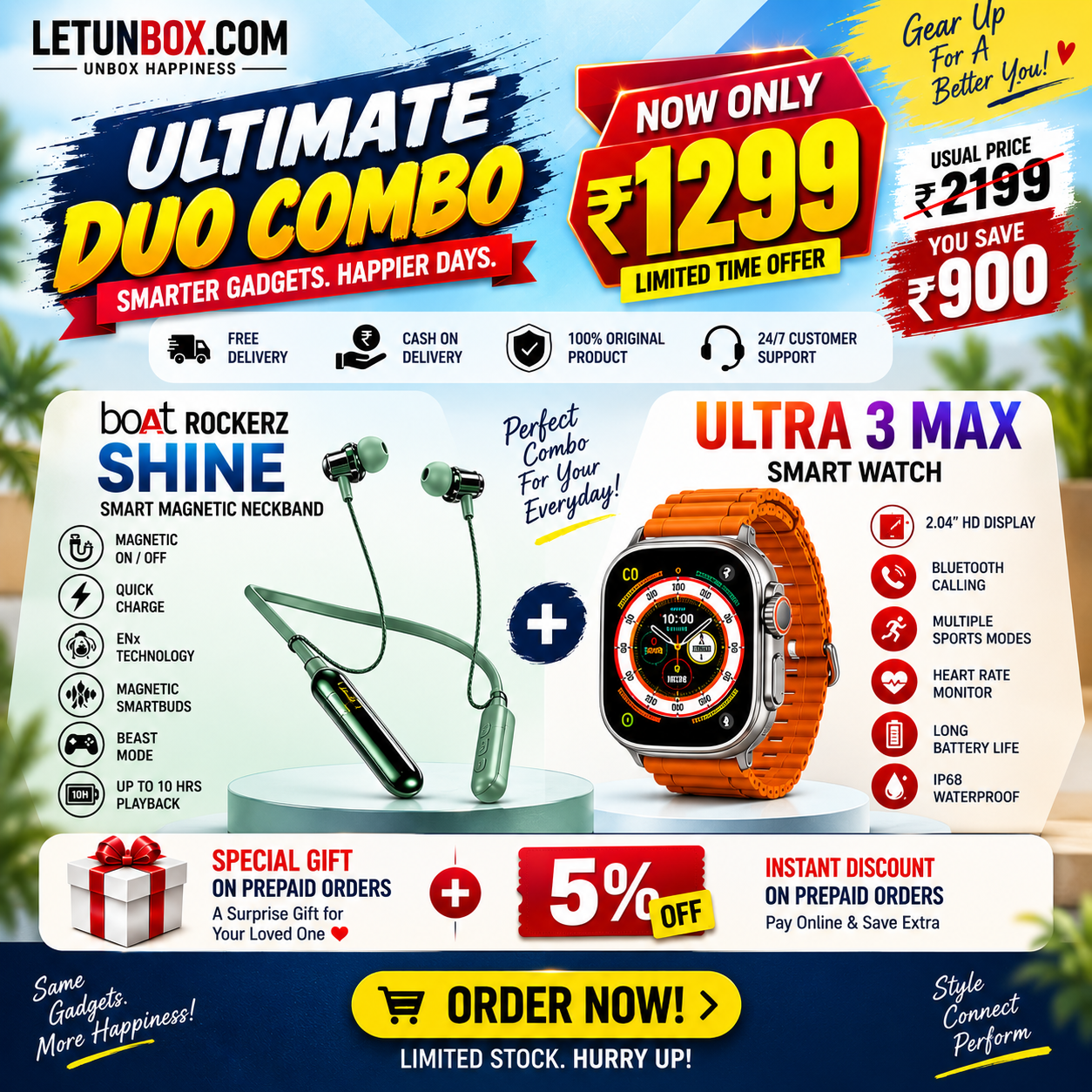 Ultimate Duo Combo – Ultra 3 Max Smart Watch with 7 Straps + boAt Rockerz Shine Neckband