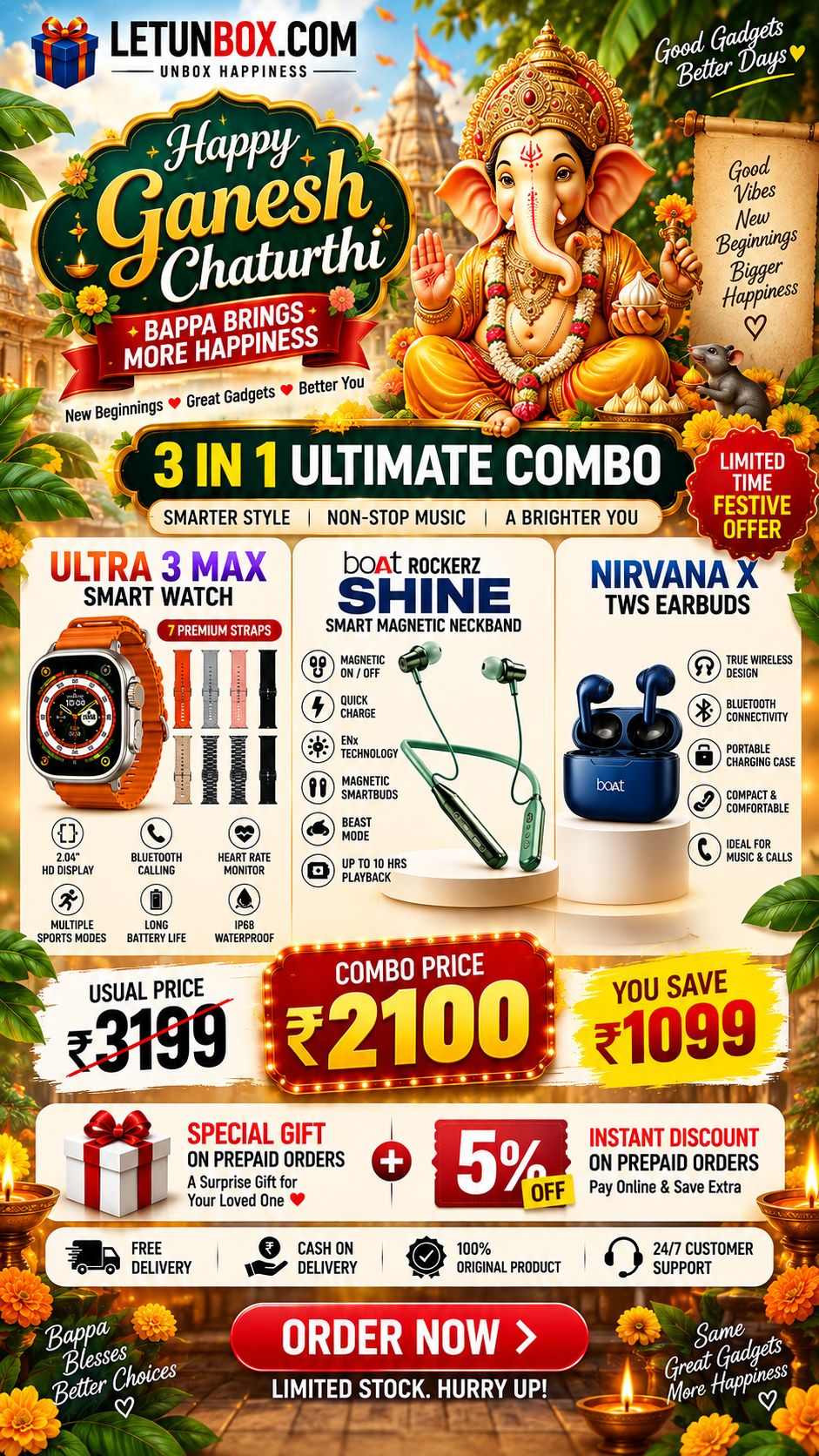 3-in-1 Ultimate Gadget Combo – Ultra 3 Max Smartwatch + boAt Rockerz Shine Neckband + Nirvana X TWS Earbuds